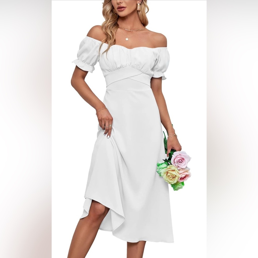 Elegant White Dress with Puff Sleeves